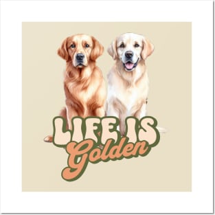 Two Golden Retrievers Quote Life Is Golden Groovy Retro Design Posters and Art